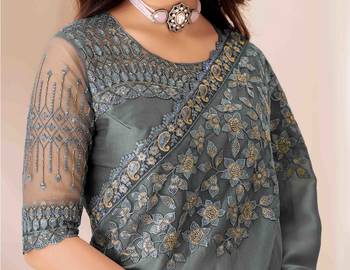 teal embroidered georgette saree with unstitched blouse piece 4