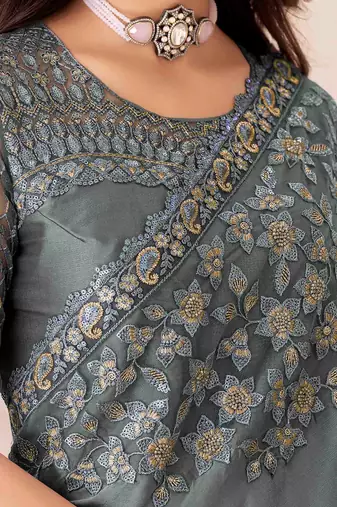teal embroidered georgette saree with unstitched blouse piece