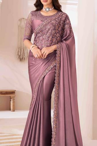 mauve embroidered georgette saree with unstitched blouse piece