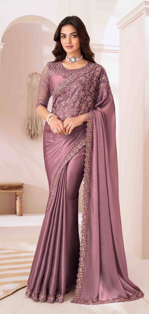 mauve embroidered georgette saree with unstitched blouse piece