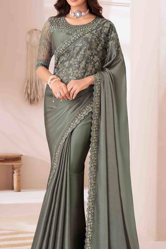 mehndi embroidered georgette saree with unstitched blouse piece