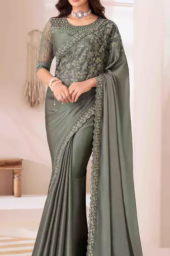 mehndi embroidered georgette saree with unstitched blouse piece