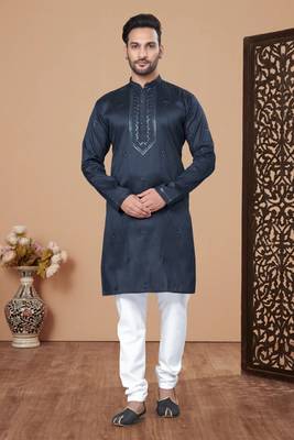 Blue rayon chikan work kurta pajama 1