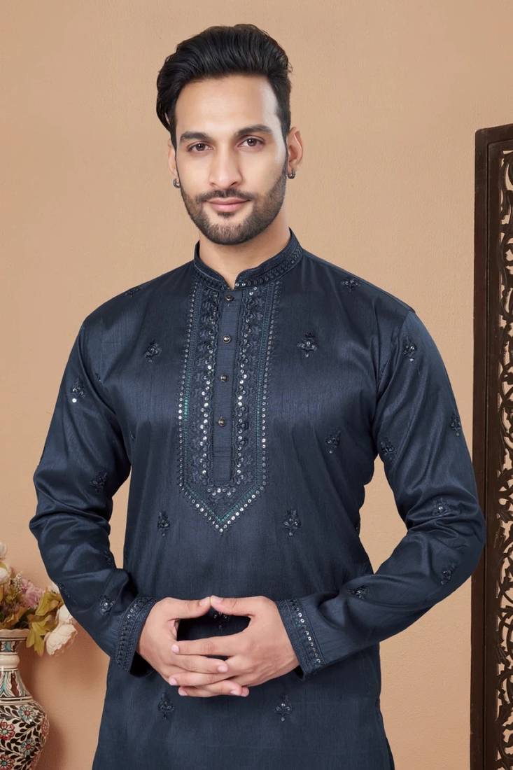 Blue rayon chikan work kurta pajama