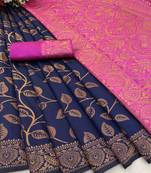 Navy blue art banarasi silk woven saree with unstitched blouse piece