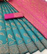 teal art banarasi silk woven saree with unstitched blouse piece