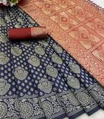 navy blue art banarasi silk woven saree with unstitched blouse piece