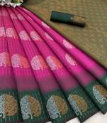 magenta banarasi art silk woven saree with unstitched blouse piece