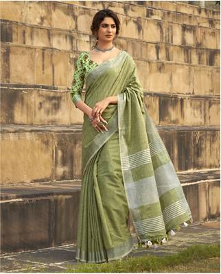 Pista linen blend saree with unstitched linen blouse piece 1
