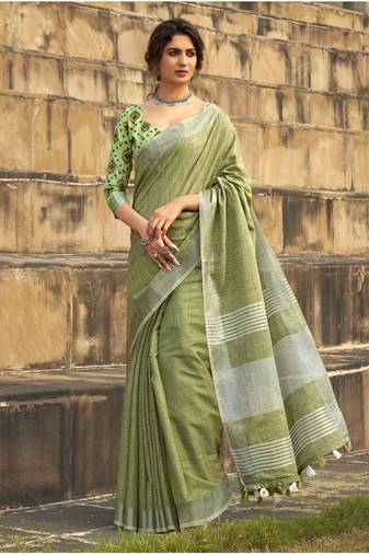Pista linen saree with unstitched linen blouse piece
