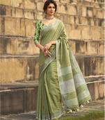 Pista linen saree with unstitched linen blouse piece