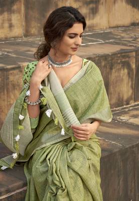 Pista linen blend saree with unstitched linen blouse piece 2