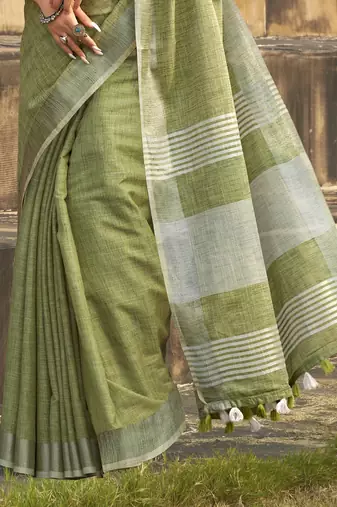 Pista linen blend saree with unstitched linen blouse piece