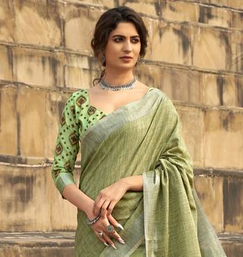 Pista linen blend saree with unstitched linen blouse piece 4