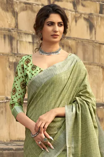 Pista linen blend saree with unstitched linen blouse piece