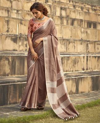 Mauve linen blend saree with unstitched linen blouse piece 1