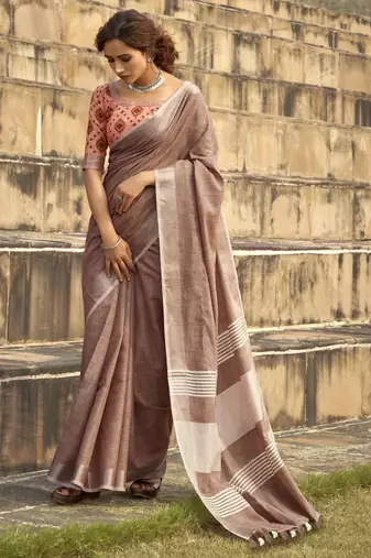Mauve linen saree with unstitched linen blouse piece