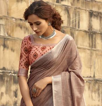 Mauve linen blend saree with unstitched linen blouse piece 4