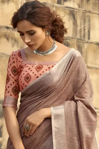 Mauve linen blend saree with unstitched linen blouse piece