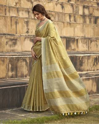 Mustard linen blend saree with unstitched linen blouse piece 1