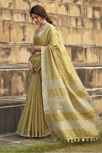 Mustard linen saree with unstitched linen blouse piece