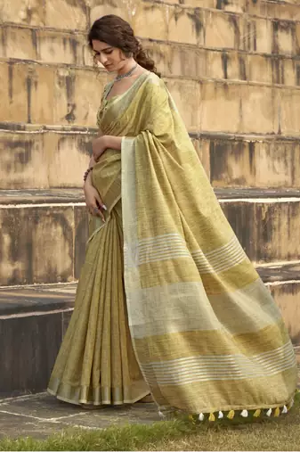Mustard linen saree with unstitched linen blouse piece