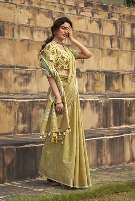 Mustard linen blend saree with unstitched linen blouse piece 2