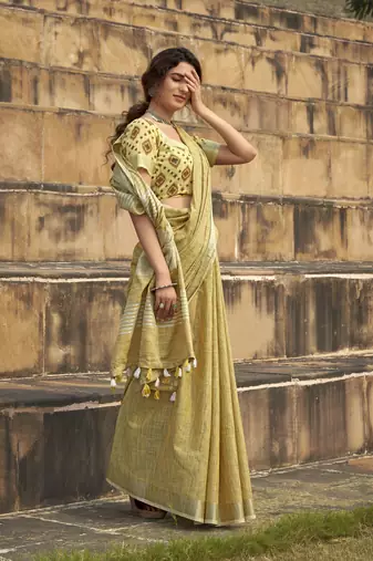 Mustard linen blend saree with unstitched linen blouse piece