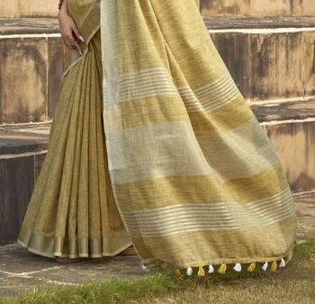 Mustard linen blend saree with unstitched linen blouse piece 3