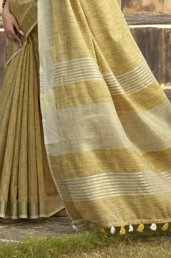Mustard linen blend saree with unstitched linen blouse piece