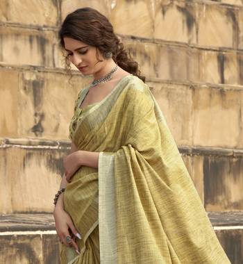 Mustard linen blend saree with unstitched linen blouse piece 4