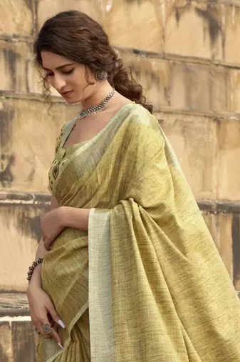 Mustard linen blend saree with unstitched linen blouse piece