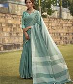 Turquoise linen saree with unstitched linen blouse piece