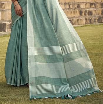 Turquoise linen blend saree with unstitched linen blouse piece 3