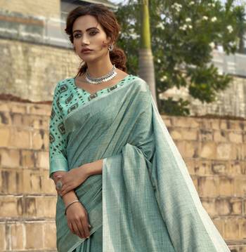 Turquoise linen blend saree with unstitched linen blouse piece 4