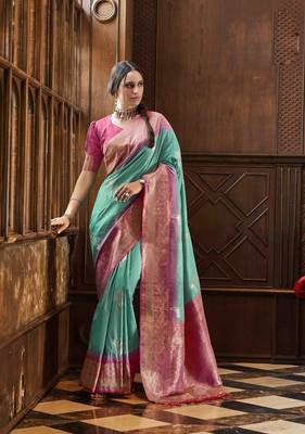Rama silk blend saree with unstitched blouse piece 1