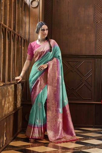 Rama silk blend saree with unstitched blouse piece