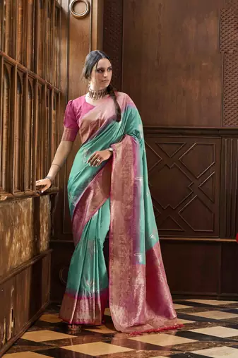 Rama silk blend saree with unstitched blouse piece