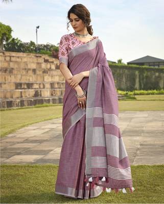 Lavender linen blend saree with unstitched linen blouse piece 1