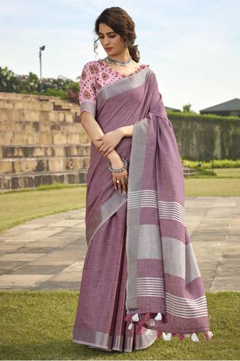 Lavender linen saree with unstitched linen blouse piece