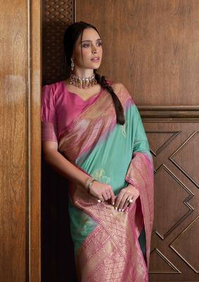 Rama silk blend saree with unstitched blouse piece 2