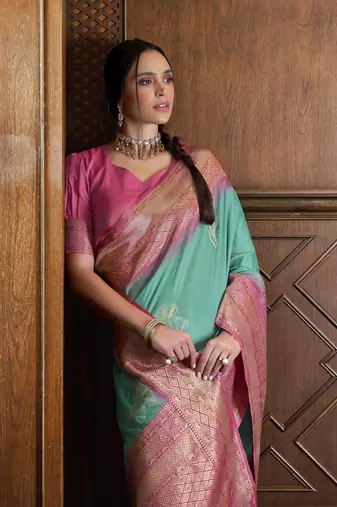 Rama silk blend saree with unstitched blouse piece