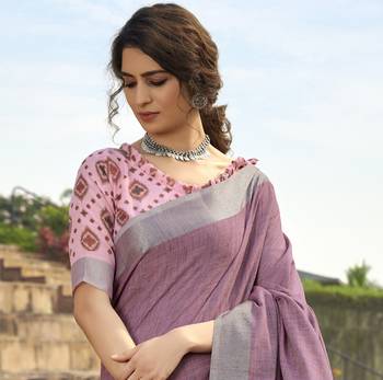 Lavender linen blend saree with unstitched linen blouse piece 2