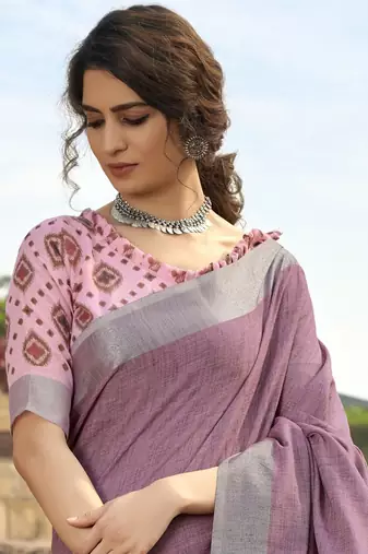 Lavender linen blend saree with unstitched linen blouse piece