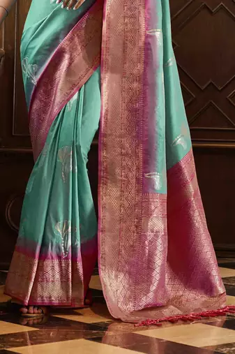 Rama silk blend saree with unstitched blouse piece