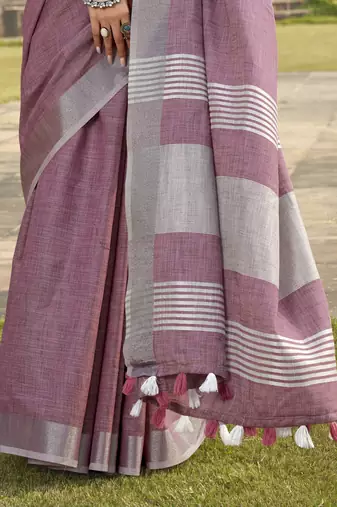 Lavender linen blend saree with unstitched linen blouse piece