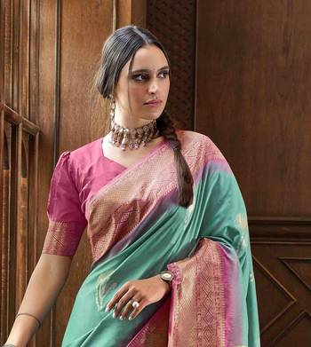 Rama silk blend saree with unstitched blouse piece 4