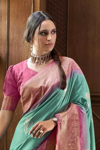 Rama silk blend saree with unstitched blouse piece
