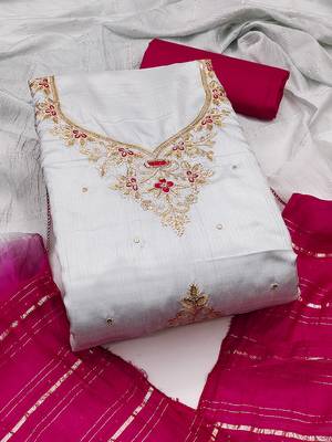 White coco silks top, hevy cotton bottom & jari sequins dupatta salwar suit dress material 1