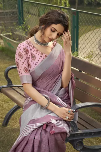 Lavender linen blend saree with unstitched linen blouse piece